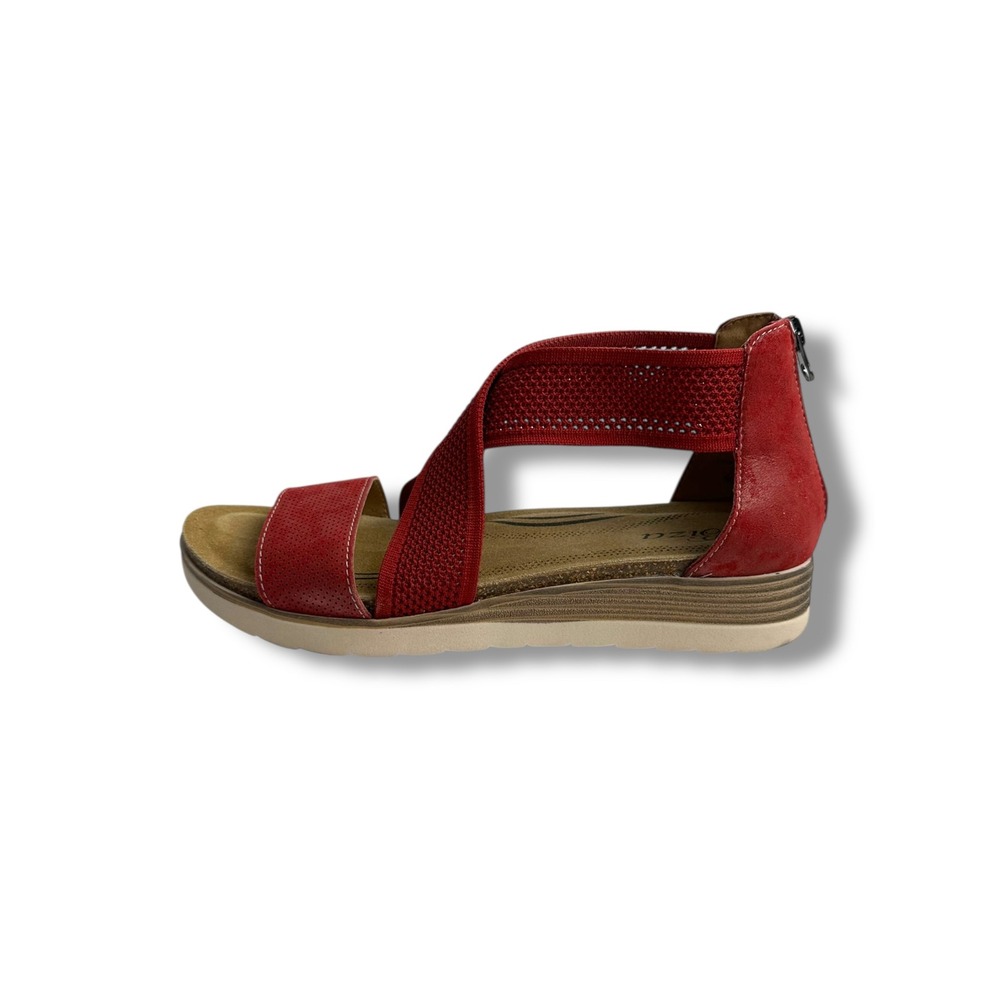 Biza Bree Red Leather Elastic Cross‎ Strap Wedge Sandals Womens 40 Zip Back